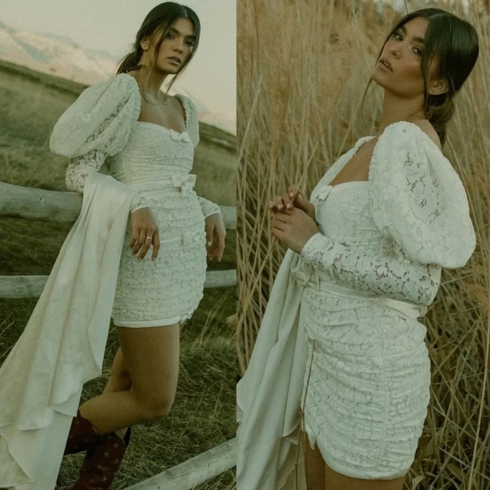 NWT For Love & Lemons Colette Lace Bow Bridal Dress With Train - Picture 2 of 14